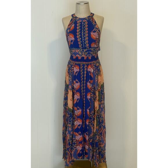 JAASE Dress Womens small Blue Boho Bird Print Maxi Halter Tie Back - Picture 1 of 13
